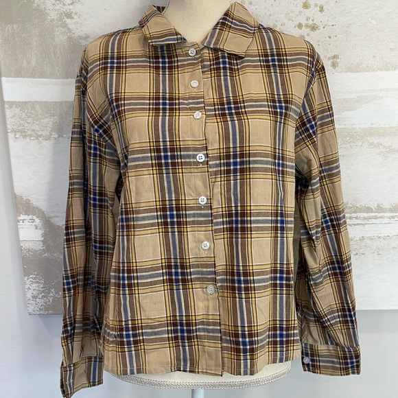 ROMWE tan/blue/gold plaid button down - Picture 1 of 5
